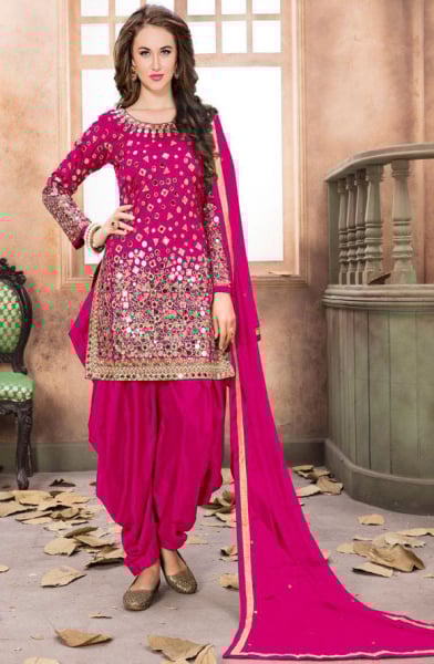 Rani Pink Mirror Work Patiala Suit