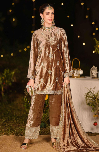 Brown Velvet Designer Pant Kameez Suit