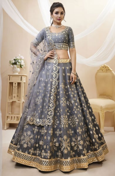Grey Embroidered Art Silk Lehenga Choli