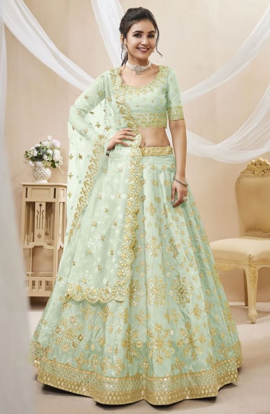Mint Green Embroidered Art Silk Lehenga Choli