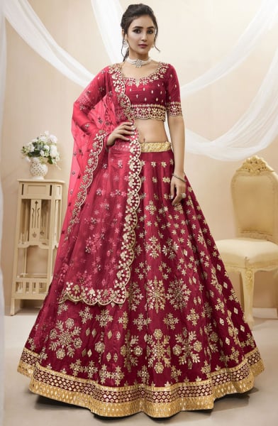 Scarlet Red Embroidered Art Silk Lehenga Choli