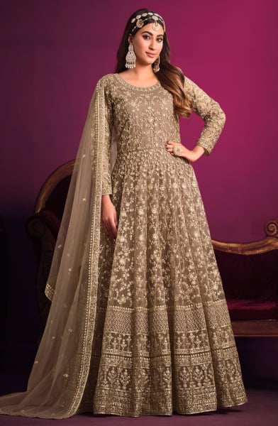 Dusty Beige Embroidered Net Anarkali Suit