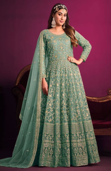 Mint Blue Embroidered Net Anarkali Suit