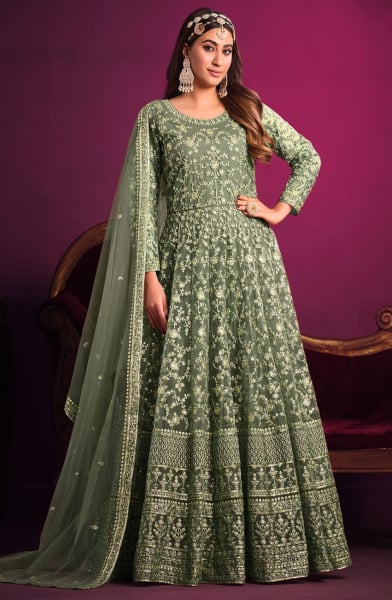 Sage Green Embroidered Net Anarkali Dress