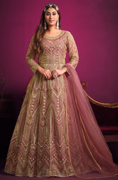 Old Rose Embroidered Net Designer Pant Kameez