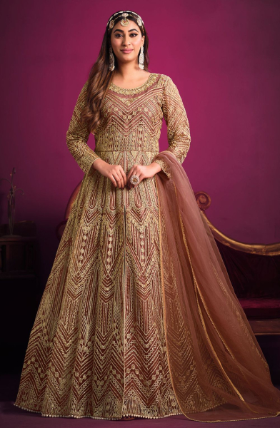 Rose Gold Embroidered Net Designer Pant Kameez