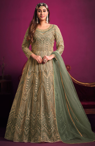 Sage Green Embroidered Net Designer Pant Kameez