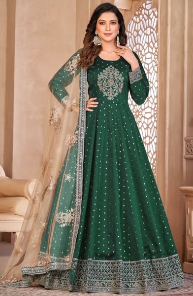 Bottle Green Embroidered Anarkali with Net Dupatta