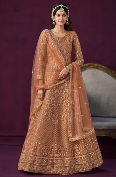 Peach Net Designer Anarkali Suit for Wedding