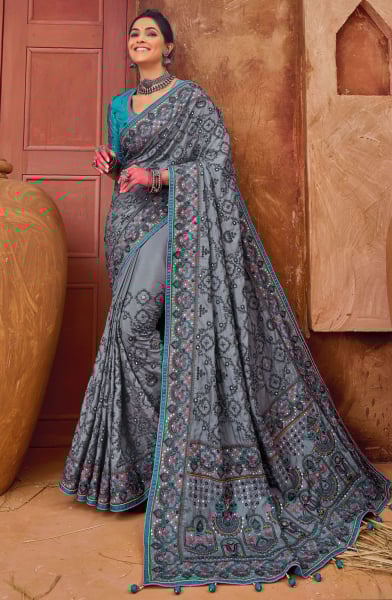 Stone Grey Pure Kutchi Work Banarasi Silk Saree