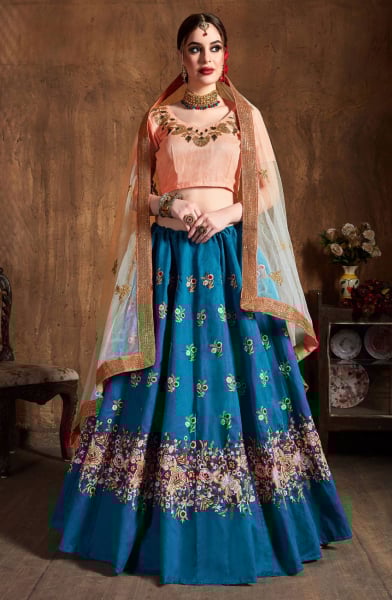 Peacock Blue Raw Silk Designer Lehenga Set