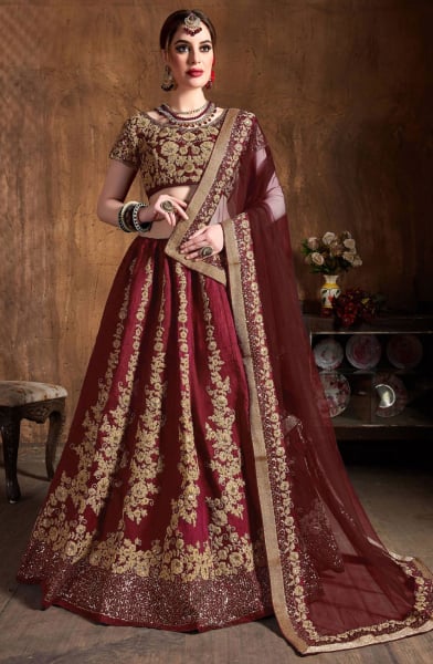 Maroon Raw Silk Designer Lehenga Set