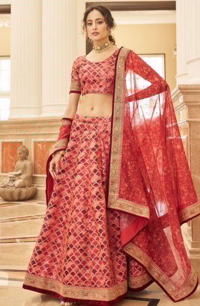 Coral Red Art Silk Designer Lehenga Choli
