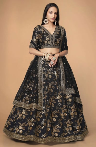 Black Embroidered Slub Silk Lehenga Choli