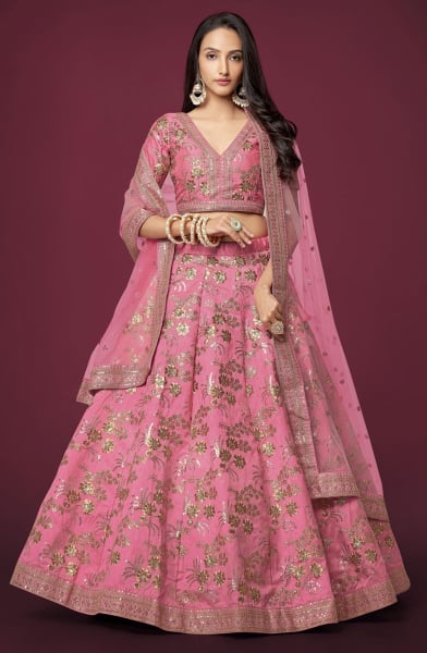 Cherry Pink Embroidered Slub Silk Lehenga Choli