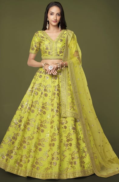 Neon Green Embroidered Slub Silk Lehenga Choli