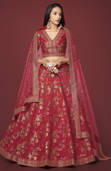 Red Embroidered Slub Silk Lehenga Choli