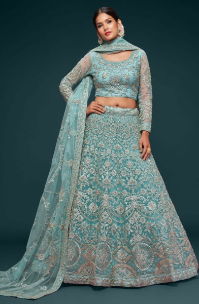 Aqua Blue Net Designer Lehenga Choli Set