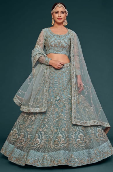 Aqua Blue Net Designer Lehenga Choli Set