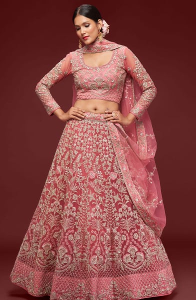 Rose Pink Net Designer Lehenga Choli Set