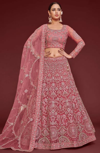 Rose Pink Net Designer Lehenga Choli Set