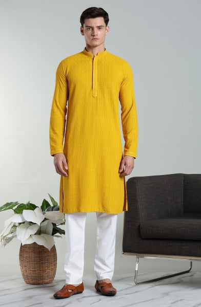 Golden Yellow Rayon Cotton Chikan Embroidered Kurta Pyjama Set