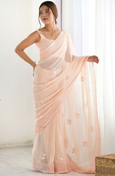 Blush Peach Thread Embroidered Georgette Saree
