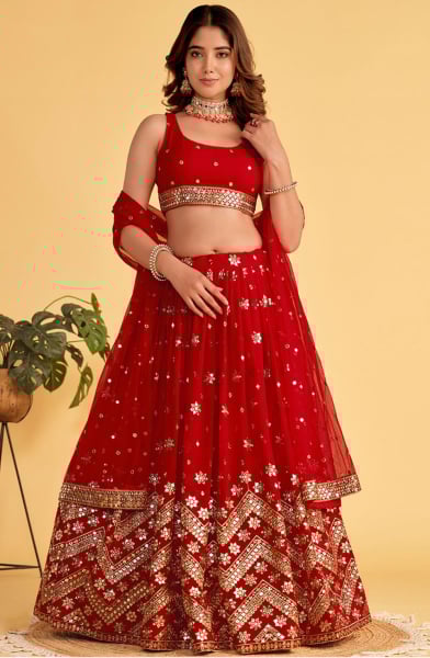 Red Sequins Embroidered Lehenga Choli Set