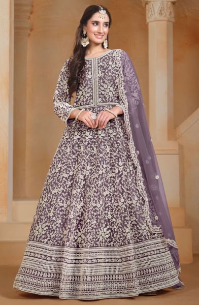 Amethyst Chain Stitch Embroidered Net Anarkali Suit