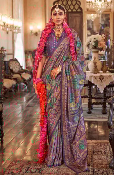 Amethyst Purple Printed Viscose Silk Saree