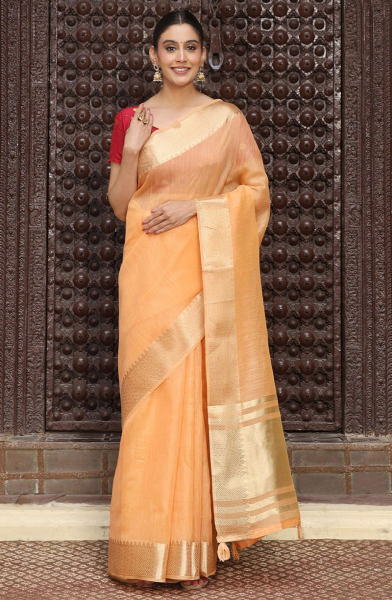 Apricot Cotton Saree with Zari Weaving