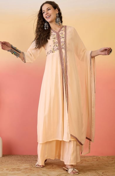 Apricot Embroidered Roman Silk Palazzo Kameez