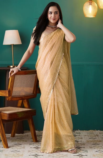 Apricot Foil Print Organza Ready to Wear Saree