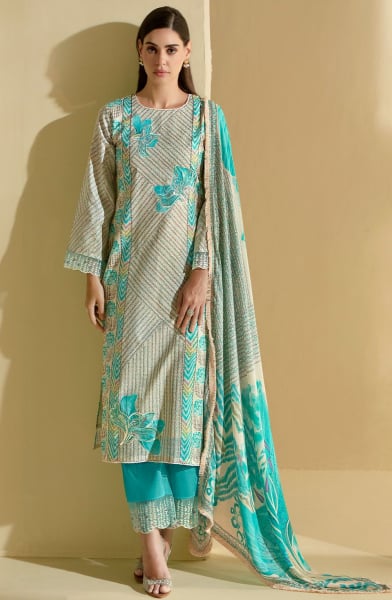 Aqua Blue and Off White Pure Lawn Plus Size Suit