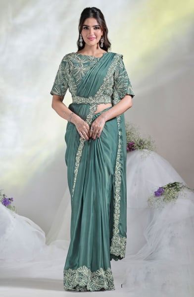 Aqua Blue Crepe Satin Silk Ready to Wear Designer Saree