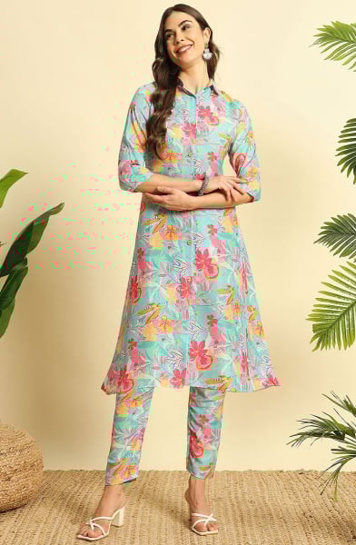 Aqua Blue Digital Print Cotton Co-Ord Set