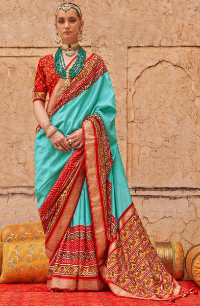 Aqua Blue Embellished Viscose Silk Saree