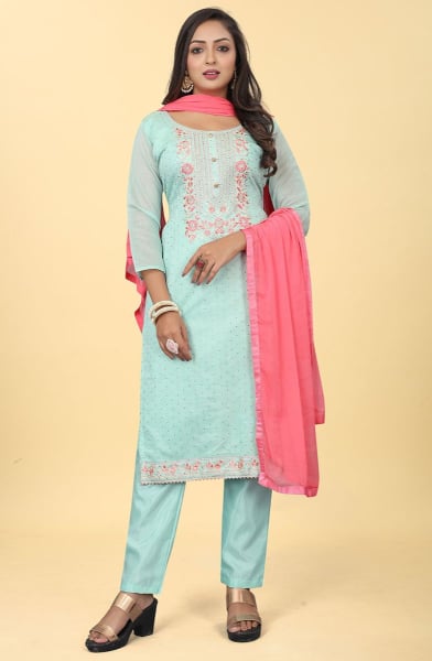 Aqua Blue Embroidered Chanderi Silk Pant Kameez