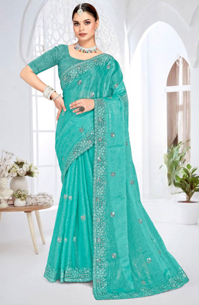 Aqua Blue Embroidered Crush Silk Saree