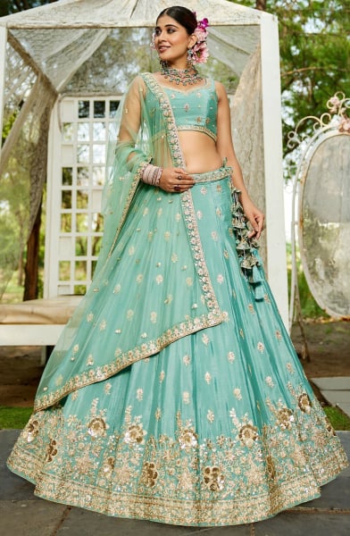 Aqua Blue Embroidered Faux Chiffon Designer Lehenga Choli