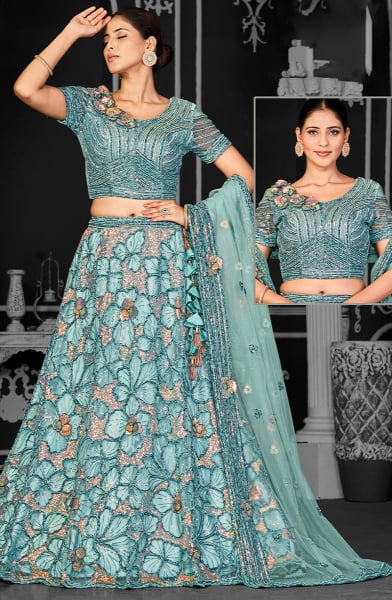Aqua Blue Embroidered Net Designer Lehenga Choli