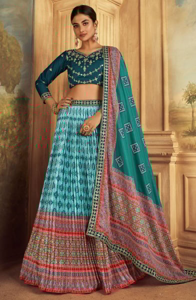 Aqua Blue Flared Gaji Silk Lehenga Choli for Sangeet