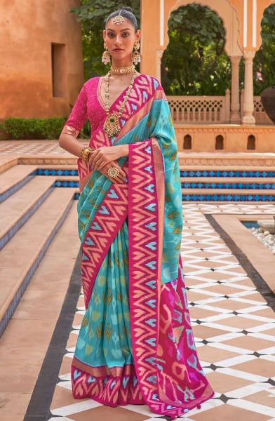 Aqua Blue Foil Print Smooth Silk Saree