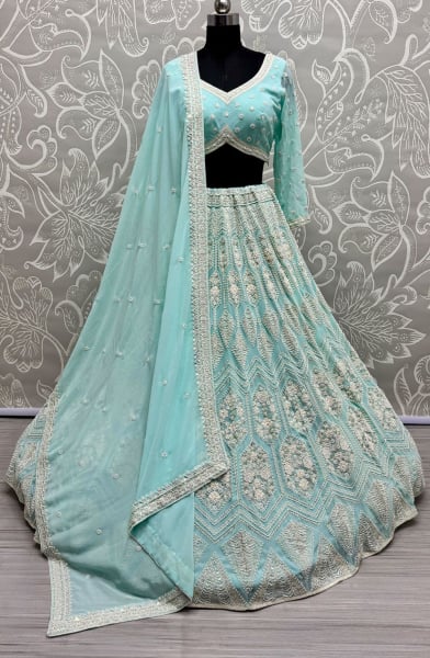 Aqua Blue Handwork Embroidered Georgette Lehenga Choli