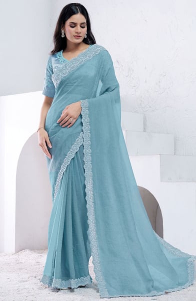 Aqua Blue Heavy Designer Saree