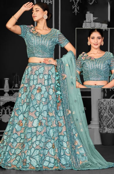 Aqua Blue Net Semi Stitched Lehenga Choli and Dupatta