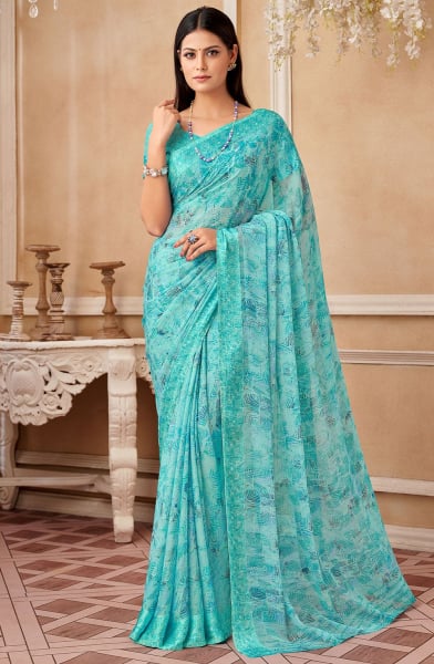 Aqua Blue Printed Chiffon Saree with Satin Border