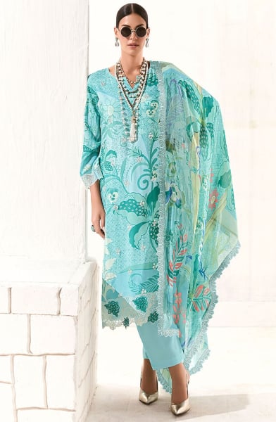 Aqua Blue Pure Muslin Plus Size Pant Kameez