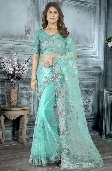 Aqua Blue Resham Embroidered Net Saree