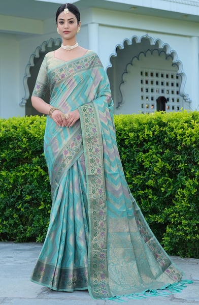 Aqua Blue Woven Organza Saree